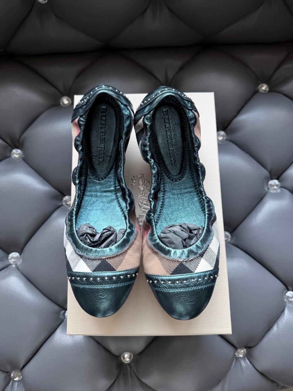 Burberry Bridle Housecheck Southwark Ballerina Flats Studs - Teal Blue, EU 39